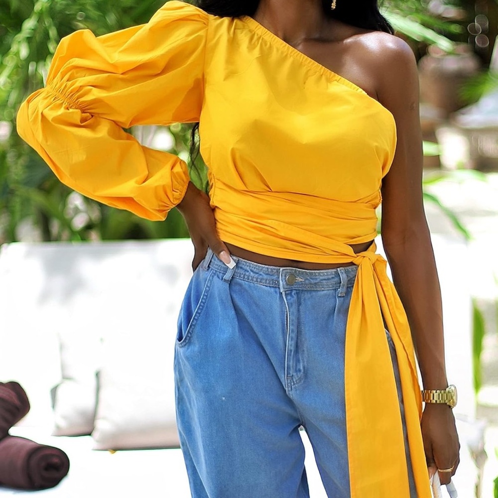 One-Shoulder Yellow Wrap Top